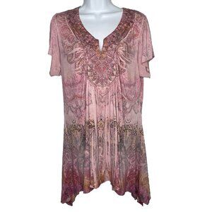 World Unity Y2K Tunic Top Size L Pink Paisley Studded Crochet Shark Bite Hem